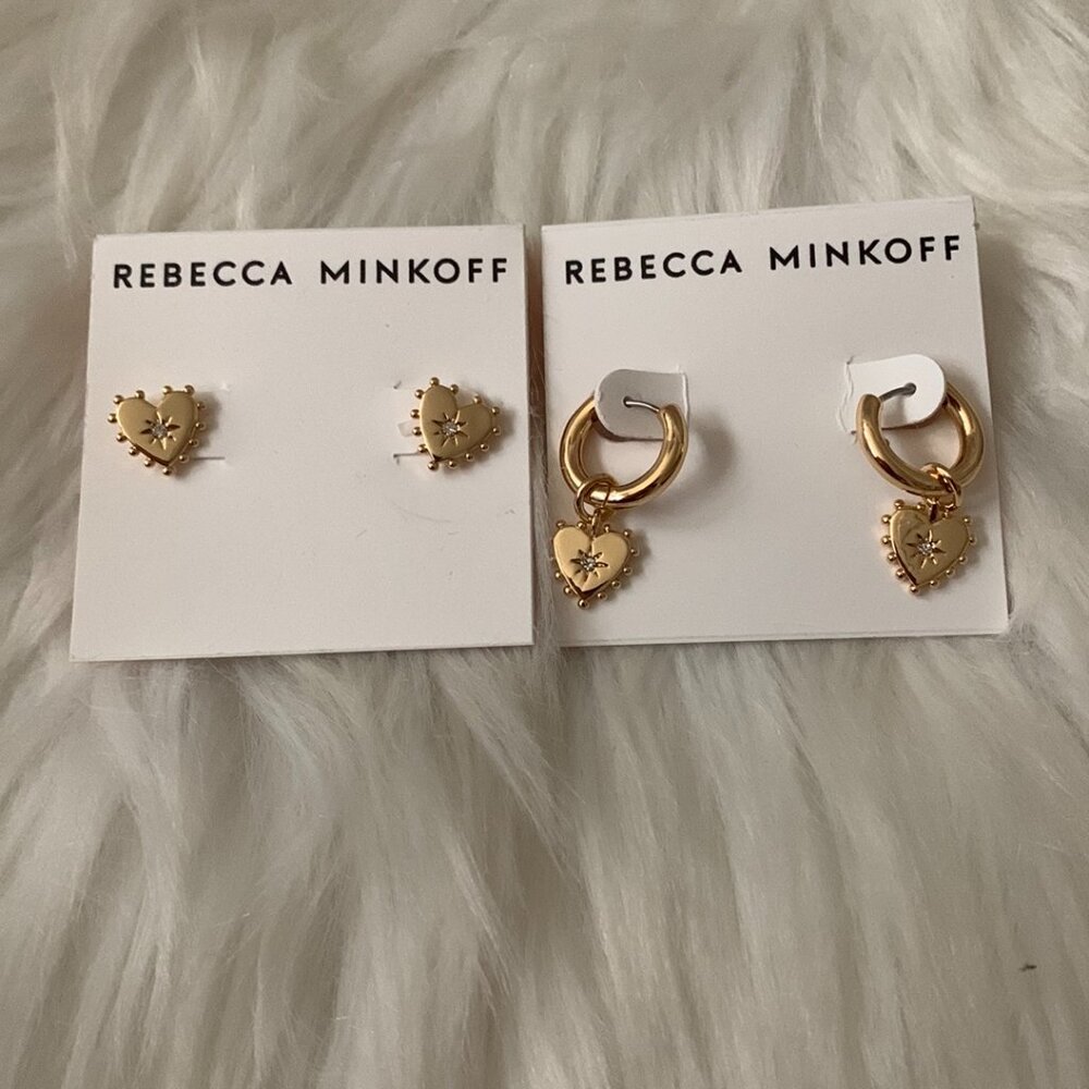 REBECCA MINKOFF Studded Heart Stud and Huggies Earrings SET in Gold